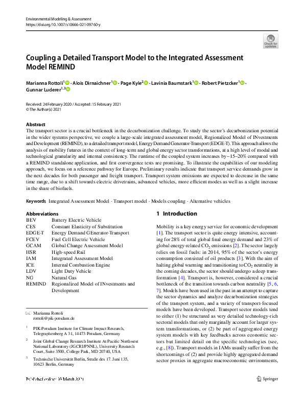 (PDF) Coupling a Detailed Transport Model to the Integrated Assessment ...