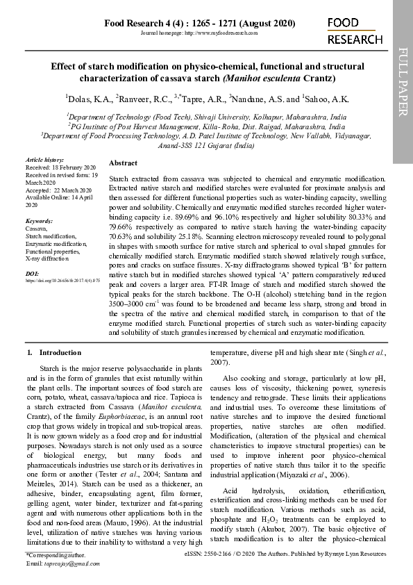 (PDF) Effect of starch modification on physico-chemical, functional and ...