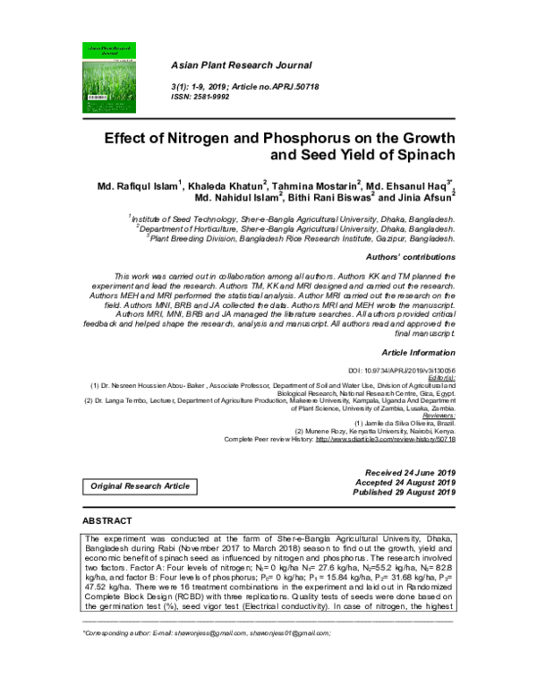 (PDF) Effect of Nitrogen and Phosphorus on the Growth and Seed Yield of ...