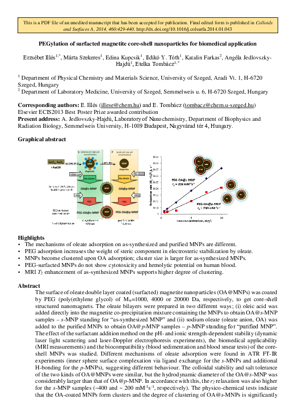 (PDF) PEGylation of surfacted magnetite core–shell nanoparticles for ...