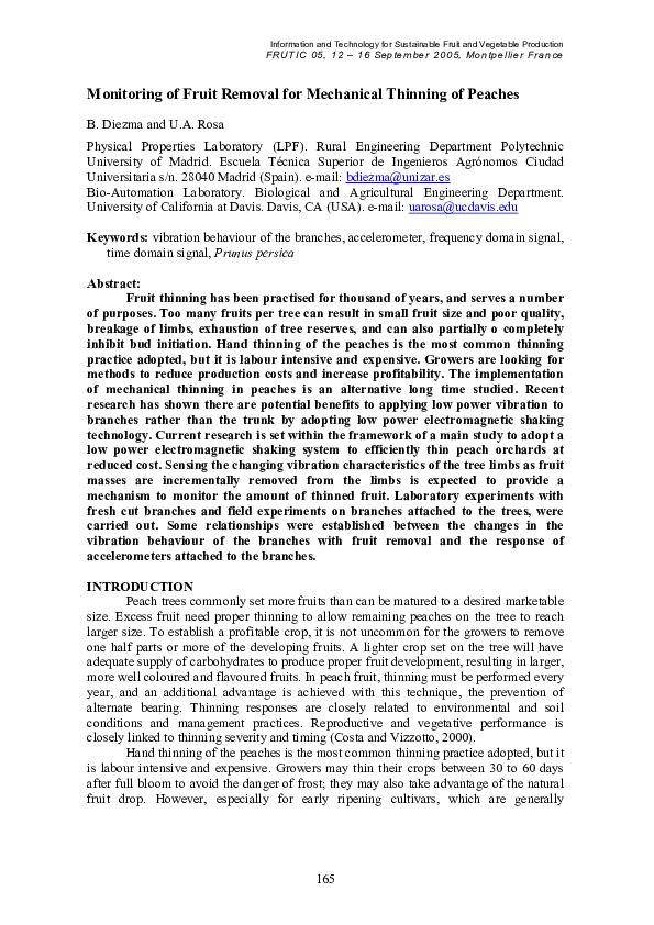 (PDF) Monitoring of Fruit Removal for Mechanical Thinning of Peaches