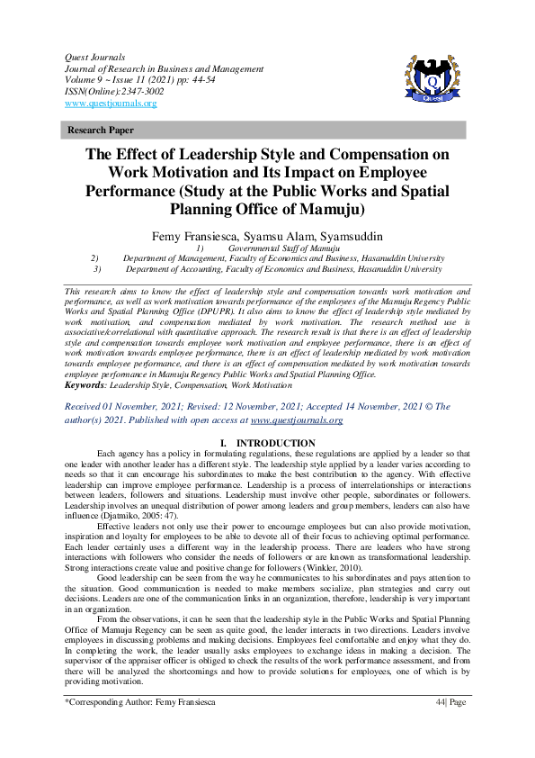 (PDF) The Effect of Leadership Style and Compensation on Work ...