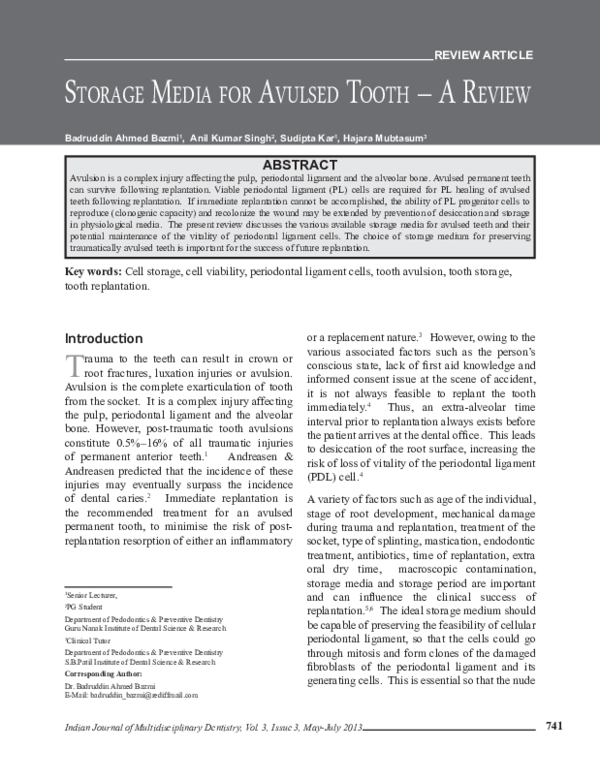 (PDF) Storage Media for Avulsed Tooth A Review Sudipta Kar