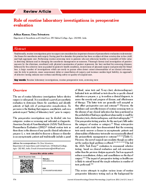 (PDF) Role of routine laboratory investigations in preoperative evaluation