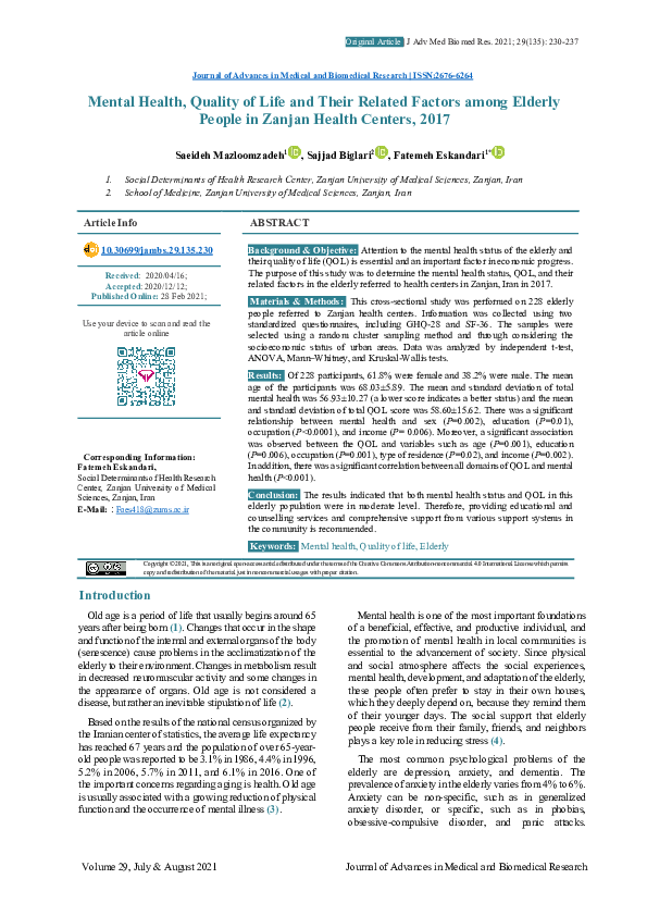 (PDF) Mental Health, Quality of Life and Their Related Factors among ...