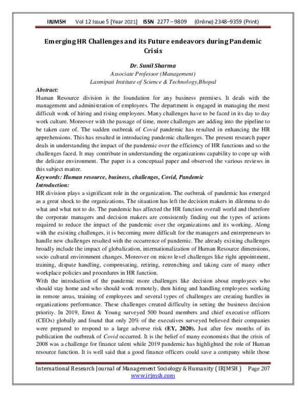 (PDF) Emerging HR Challenges and its Future endeavors during Pandemic ...