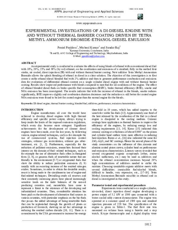 (PDF) Experimental Investigations Of A Di Diesel Engine With and ...