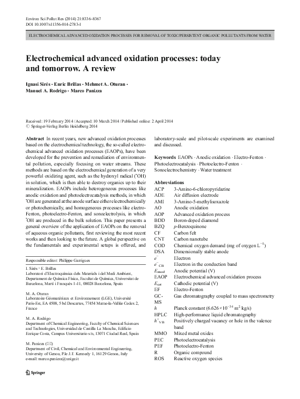 (PDF) Electrochemical advanced oxidation processes: today and tomorrow ...