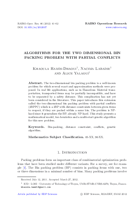 (PDF) Algorithms for the two dimensional bin packing problem with ...