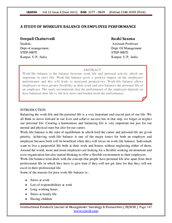 (PDF) A STUDY OF WORKLIFE BALANCE ON EMPLOYEE PERFORMANCE