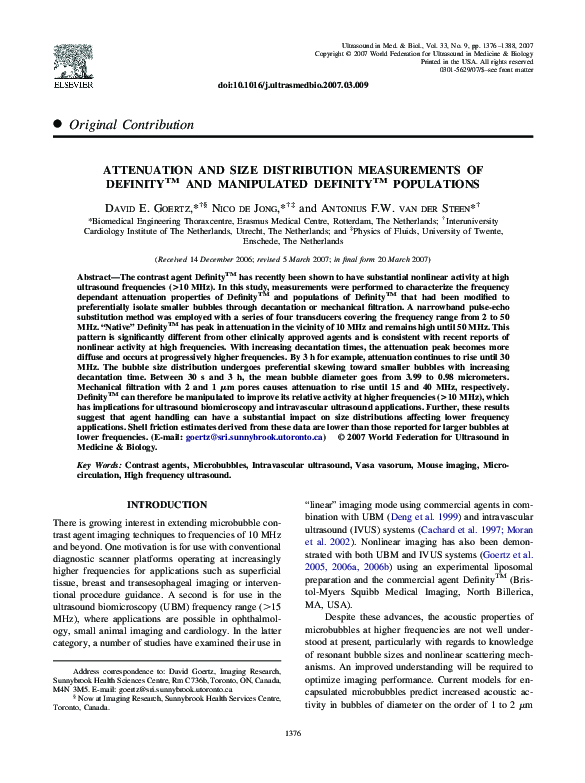 (PDF) Attenuation and Size Distribution Measurements of Definity ™ and ...