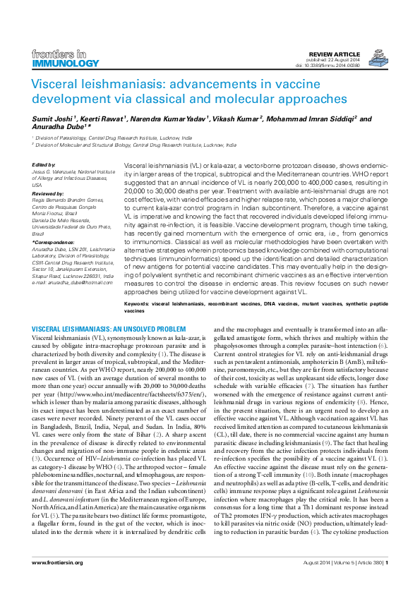 (PDF) Visceral Leishmaniasis: Advancements in Vaccine Development via ...