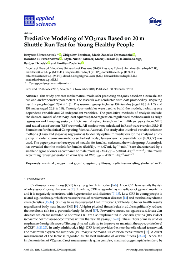 Pdf Predictive Modeling Of Vo2max Based On 20 M Shuttle Run Test For