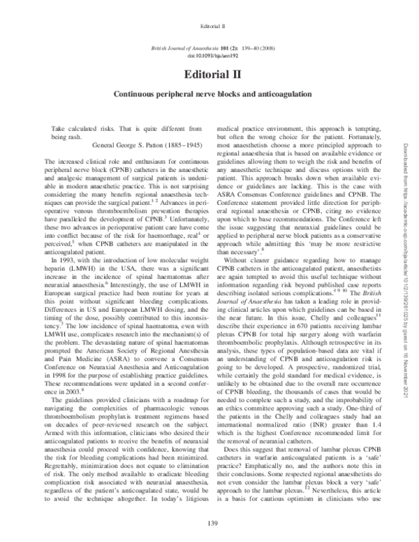(PDF) Continuous peripheral nerve blocks and anticoagulation