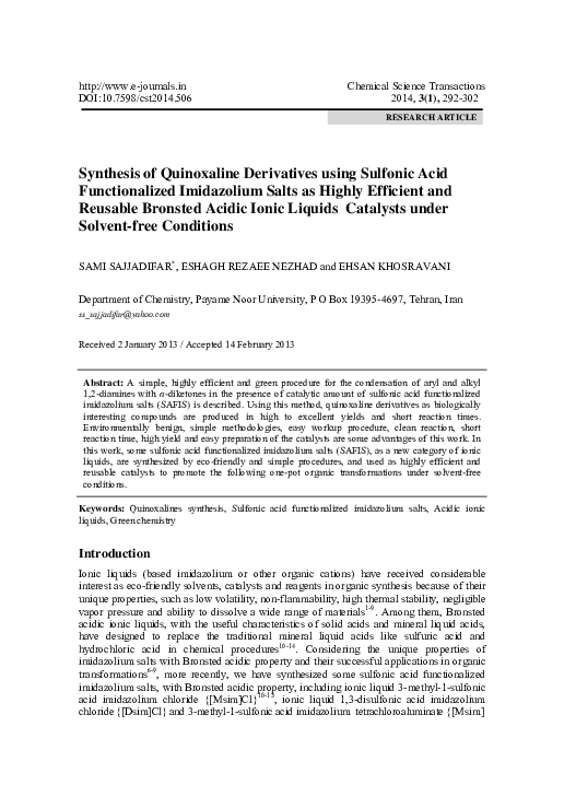 (PDF) Synthesis of Quinoxaline Derivatives using Sulfonic Acid ...