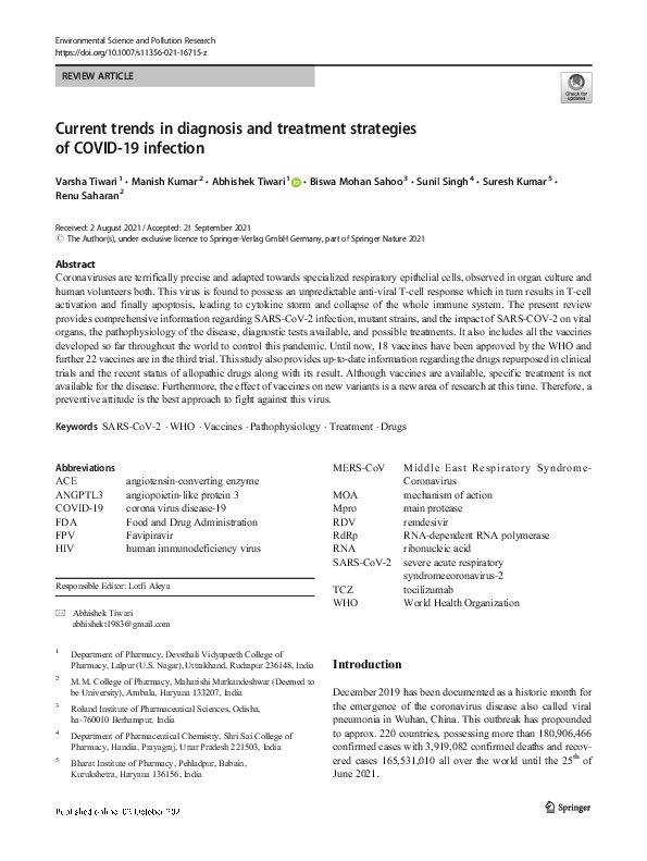 (PDF) Current trends in diagnosis and treatment strategies of COVID-19 ...