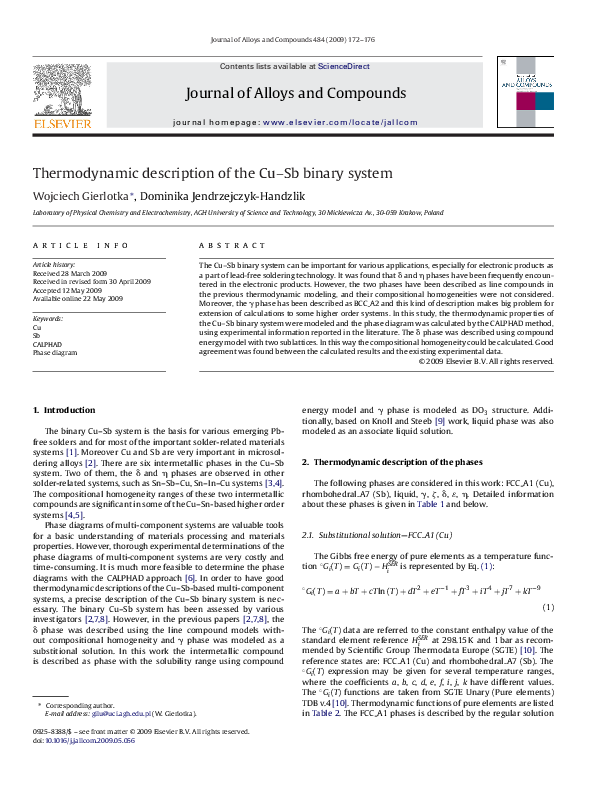 (PDF) Thermodynamic description of the Cu–Sb binary system
