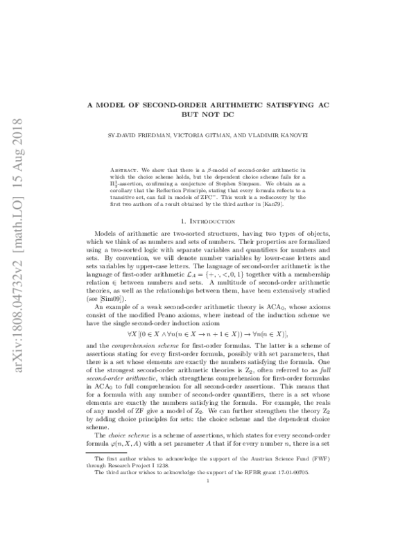 (PDF) A model of second-order arithmetic satisfying AC but not DC