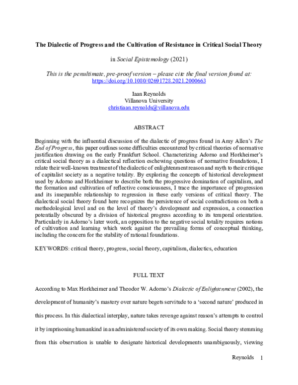 (PDF) The Dialectic of Progress and the Cultivation of Resistance in ...
