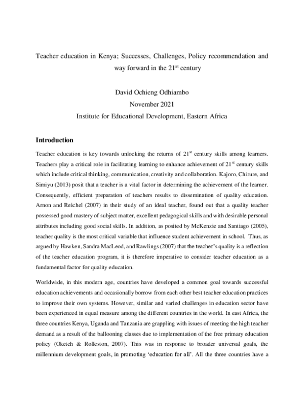 (PDF) Teacher education in Kenya; Successes, Challenges, Policy