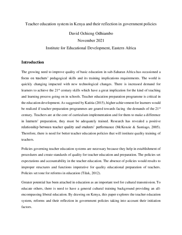 (PDF) Teacher education system in Kenya and their reflection in ...