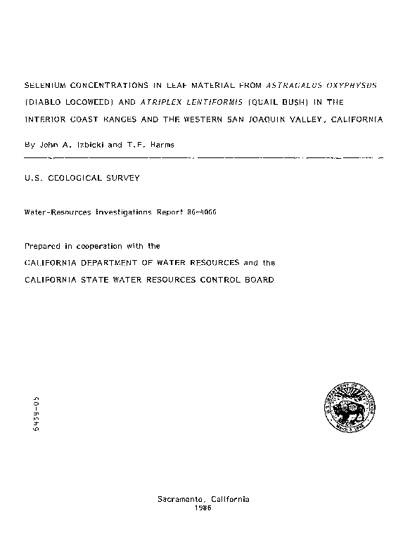 First page of “Selenium concentrations in leaf material from Astragalus Oxyphysus (diablo locoweed) and Atriplex Lentiformis (quail bush) in the interior Coast Ranges and the western San Joaquin Valley, California”
