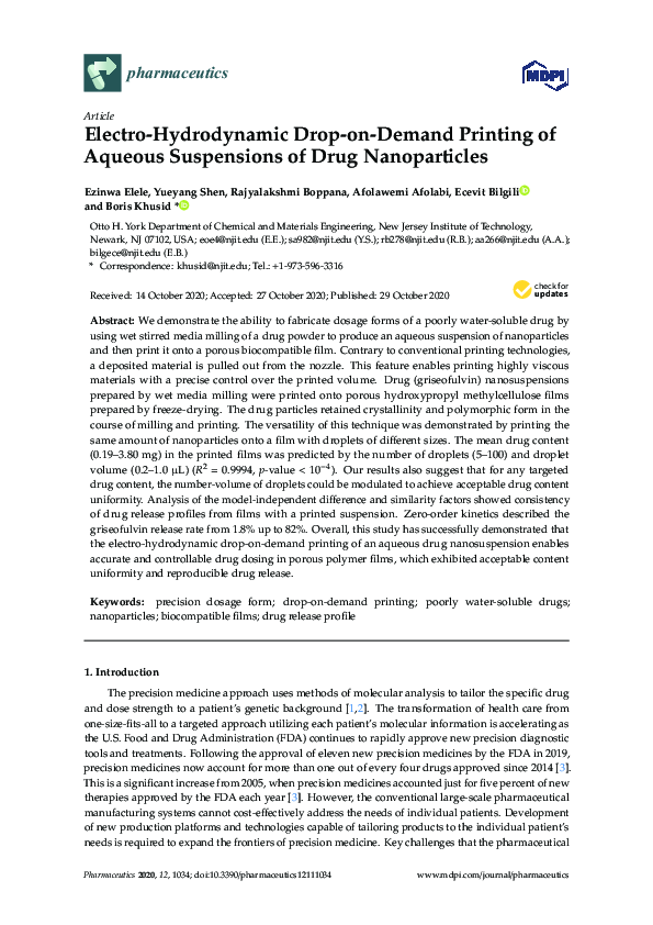 (PDF) ElectroHydrodynamic DroponDemand Printing of Aqueous Suspensions of Drug Nanoparticles