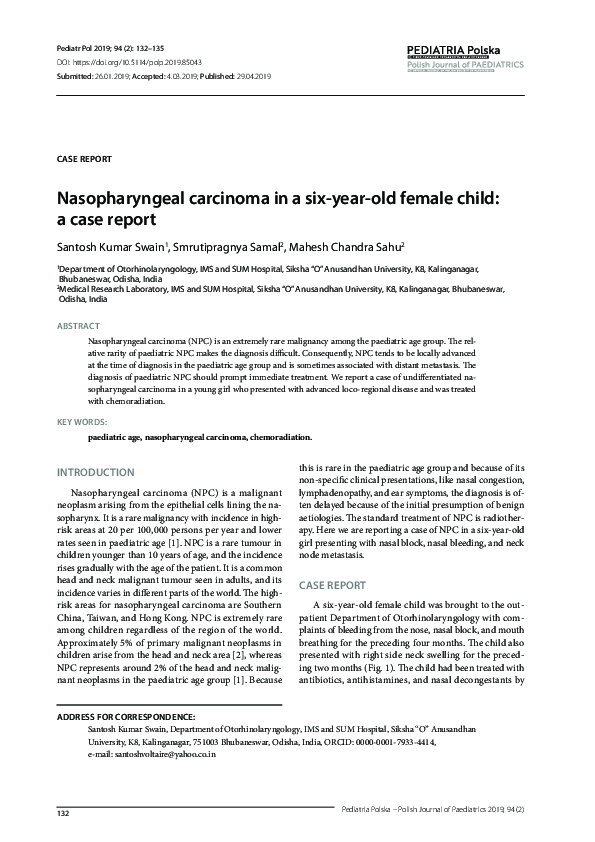 (PDF) Nasopharyngeal carcinoma in a six-year-old female child: a case ...