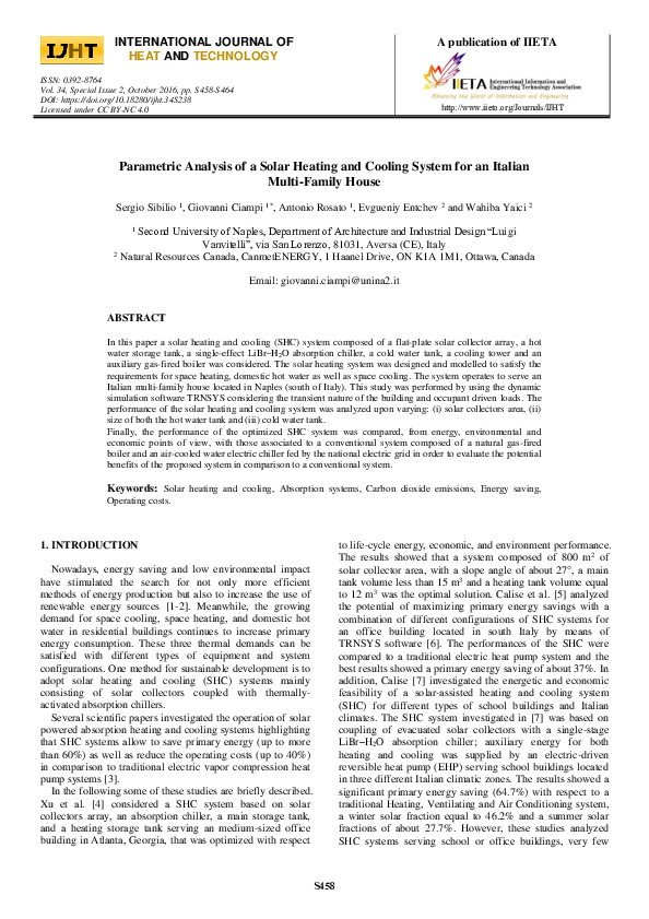 (PDF) Parametric Analysis of a Solar Heating and Cooling System for an ...