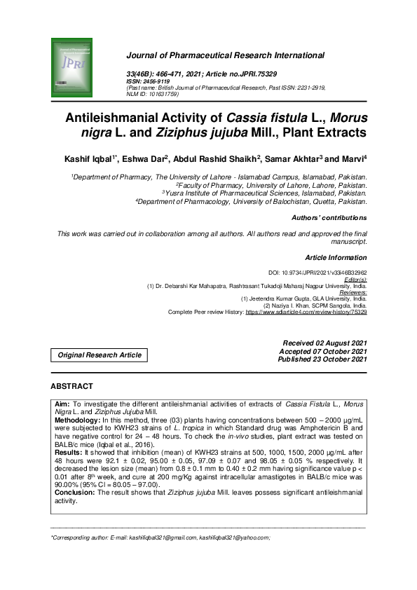 (PDF) Antileishmanial Activity of Cassia fistula L., Morus nigra L. and ...
