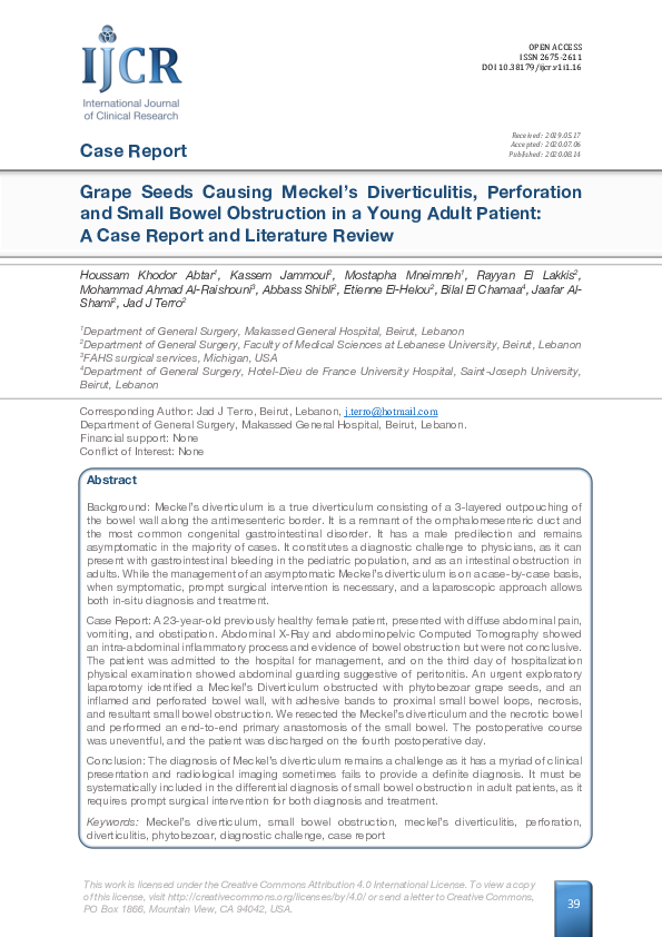 (PDF) A Case Report and Literature Review Grape Seeds Causing Meckel’s
