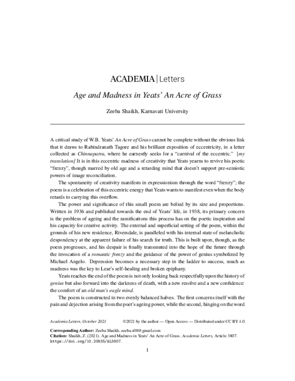 PDF Age And Madness In Yeats An Acre Of Grass Zeeba Shaikh