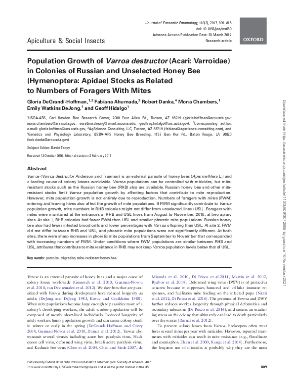 (PDF) Population Growth of Varroa destructor (Acari: Varroidae) in ...