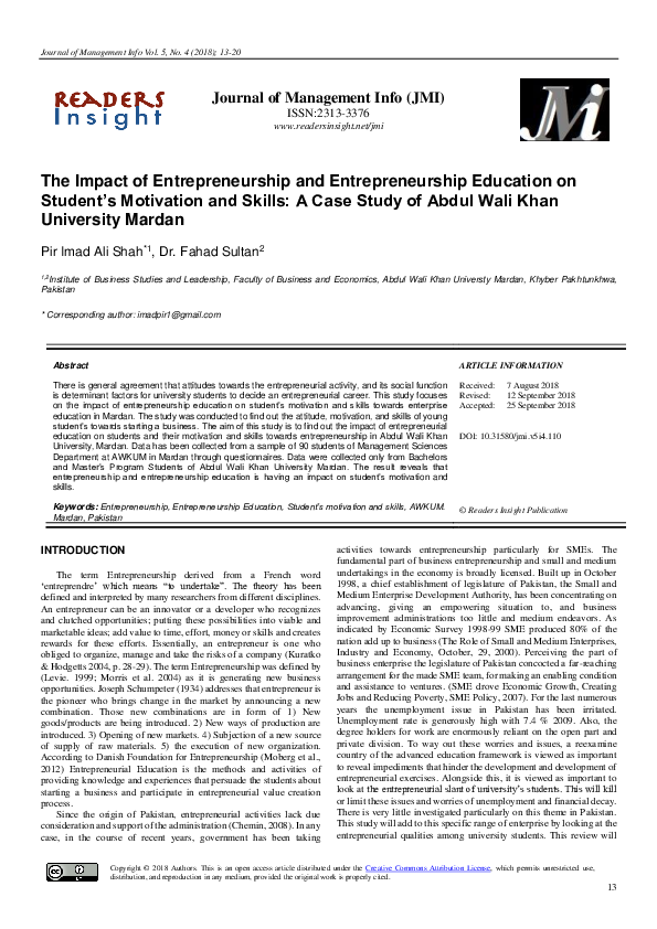(PDF) The Impact of Entrepreneurship and Entrepreneurship Education on ...