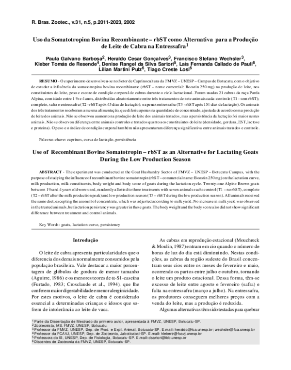 (PDF) Uso da somatotropina bovina recombinante - rbST como alternativa ...