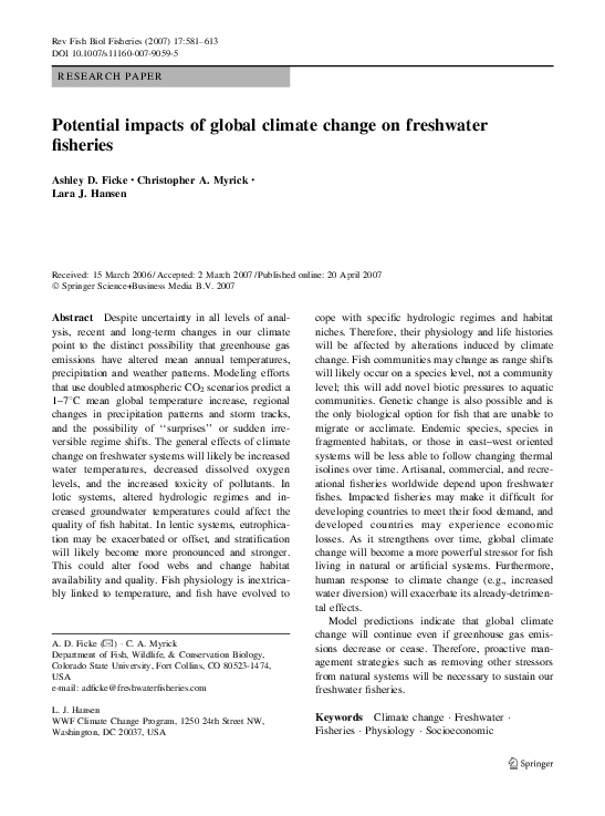 (PDF) Potential impacts of global climate change on freshwater fisheries