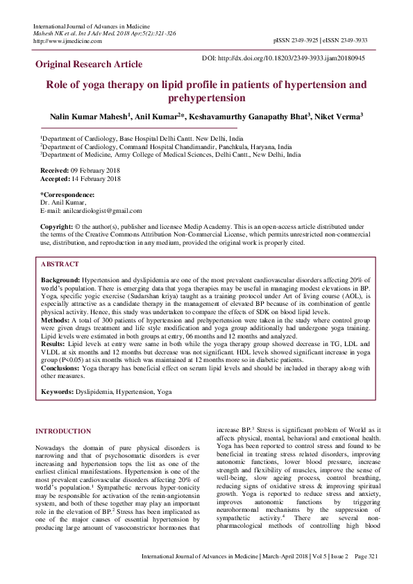 (PDF) Role of yoga therapy on lipid profile in patients of hypertension ...