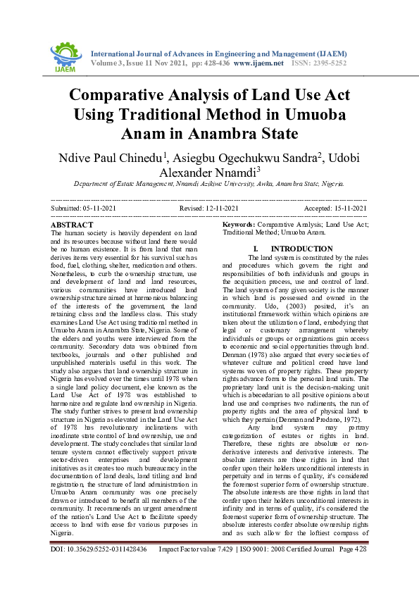 (PDF) Comparative Analysis of Land Use Act Using Traditional Method in