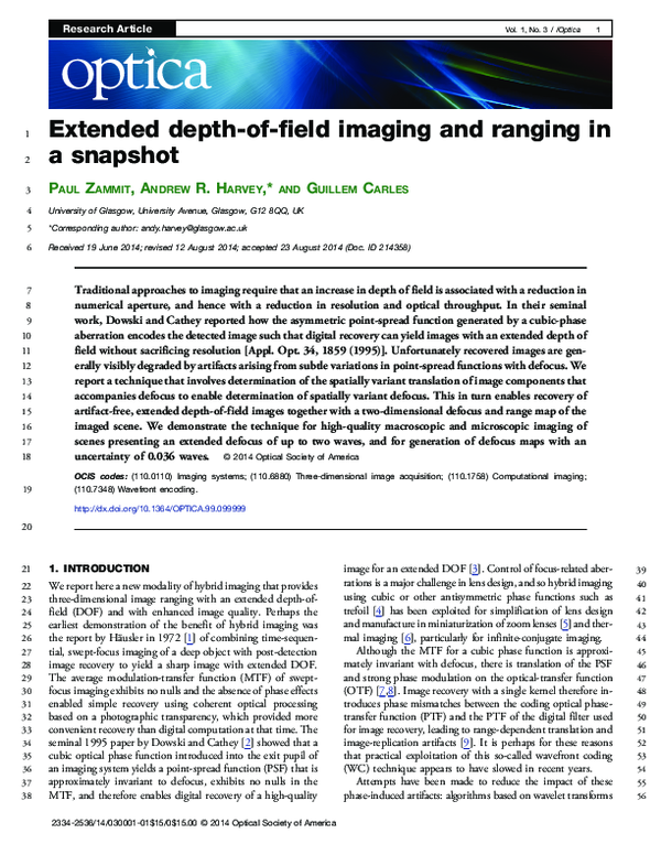 (PDF) Extended depth-of-field imaging and ranging in a snapshot