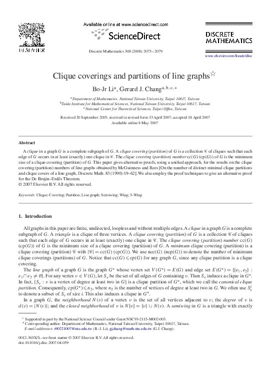 (PDF) Clique coverings and partitions of line graphs | Gerard Chang ...
