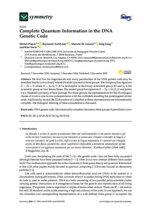 (PDF) Complete Quantum Information in the DNA Genetic Code