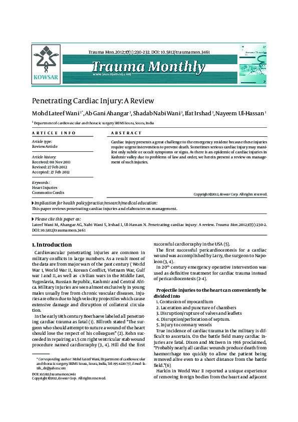(PDF) Penetrating Cardiac Injury: A Review