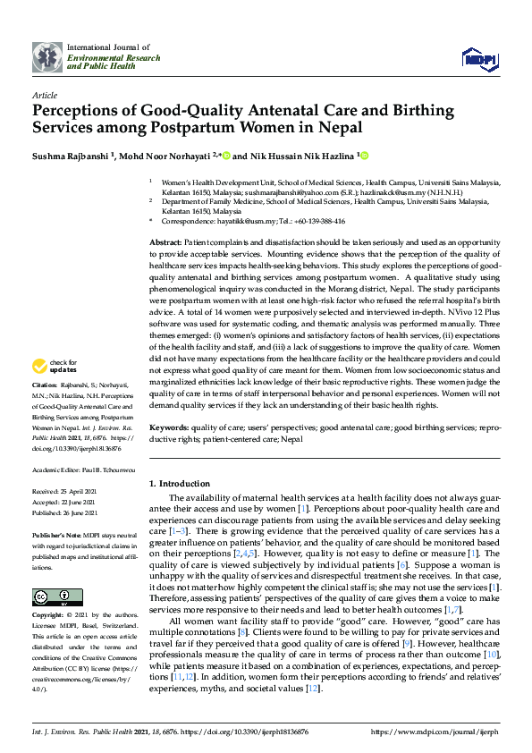 (PDF) Perceptions of Good-Quality Antenatal Care and Birthing Services ...