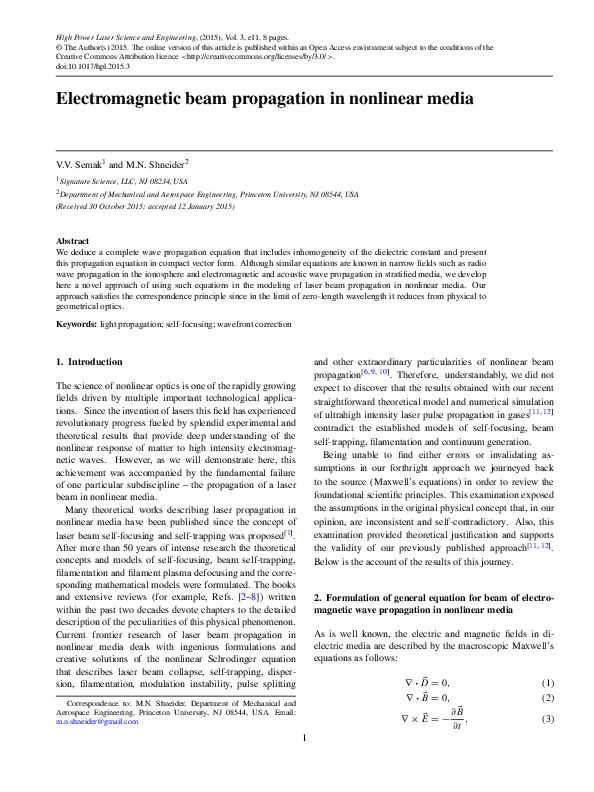 (PDF) Electromagnetic beam propagation in nonlinear media