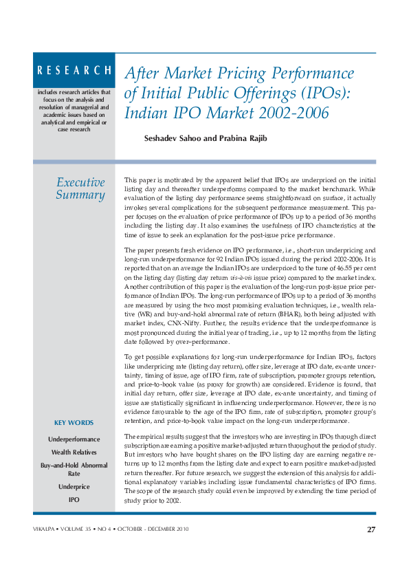 (PDF) After Market Pricing Performance of Initial Public Offerings ...