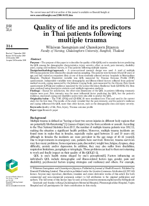 (PDF) Quality of life and its predictors in Thai patients following ...