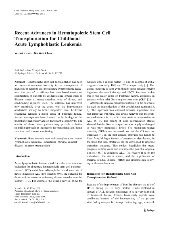 (PDF) Recent Advances in Hematopoietic Stem Cell Transplantation for ...
