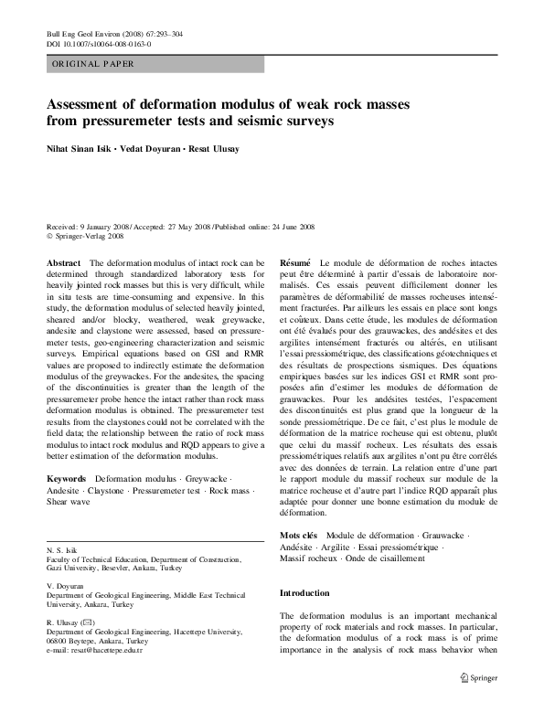 (PDF) Assessment of deformation modulus of weak rock masses from ...