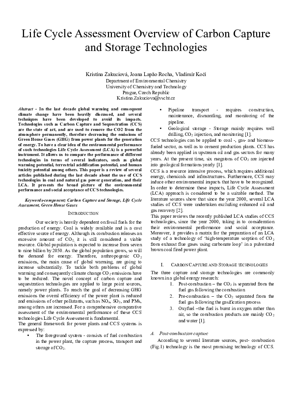 (PDF) Life Cycle Assessment Overview of Carbon Capture and Storage ...