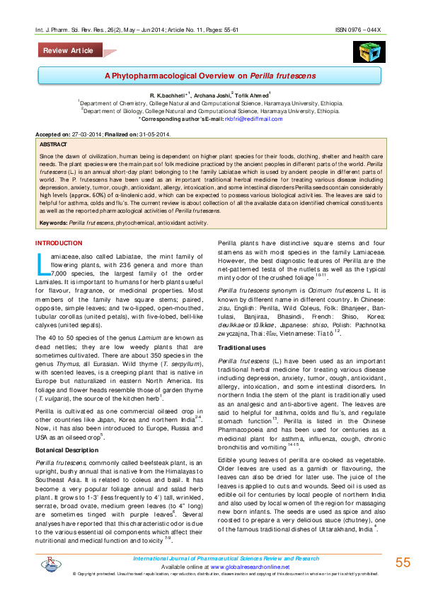 (PDF) A Phytopharmacological Overview on Perilla frutescens Rakesh